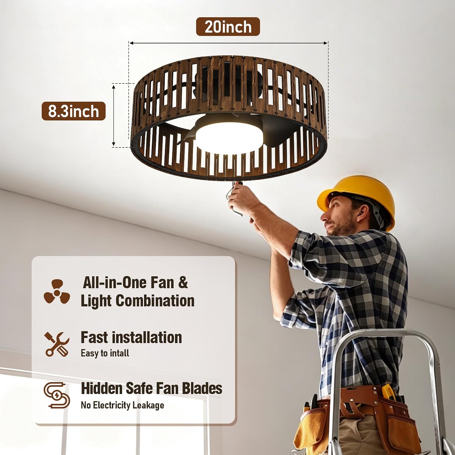 fandelier ceiling fan with light,low profile ceiling fans with led lights,boho ceiling fan,farmhouse 20' caged bladeless ceiling fan with remote for Bedroom Kitchen Kid's Room