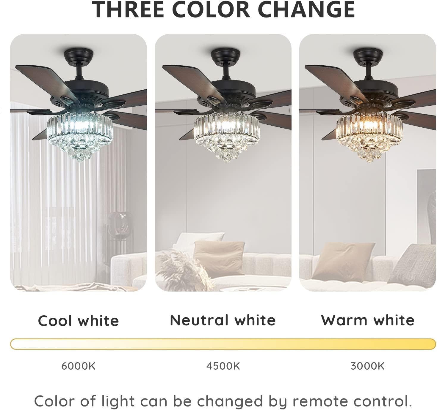52 Inch Crystal Ceiling Fan with Lights and Remote Modern Black Chandelier Fan for Bedroom 5 Reversible Wood Blades Silent DC Motor Fandelier Ceiling Fans for Living Room Dining Room