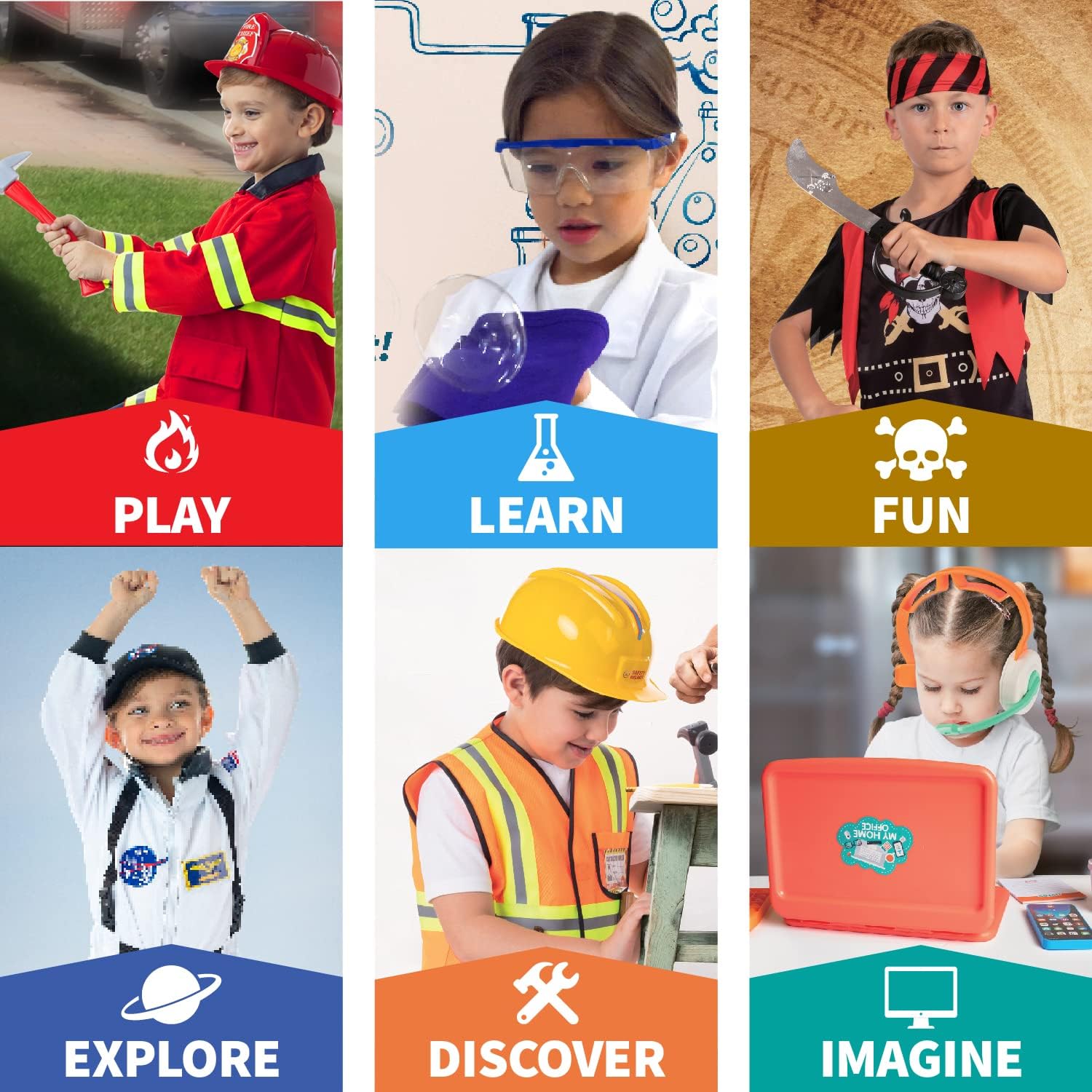 Born Toys 6-in-1 Kids' Dress Up & Pretend Play - Kids Costumes for Boys & Girls Ages 3-7 (Firefighter, Astronaut, Scientist, Construction, Pirate, Office Set and Gardening)