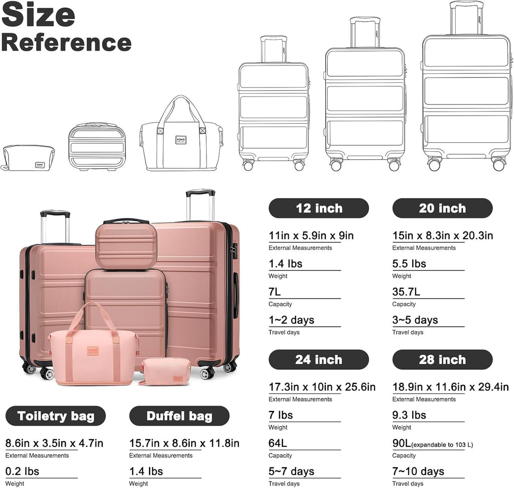 Kono Suitcase Luggage Set Expandable(only 28') Lightweight PC+ABS Carry On Hardside Luggage with TSA Lock Spinner Wheels (Nude/Rose Pink, 6 piece set)