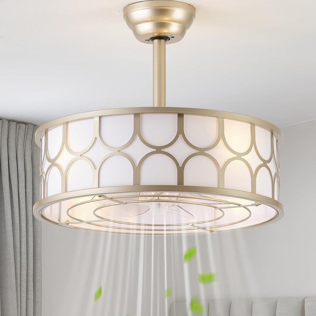 20' Gold Boho Fandelier Ceiling Fans with Lights, Caged Bladeless Ceiling Fan with Light Remote Control. Chandelier with 6 Speeds for Bedroom, Nursery, Living room.