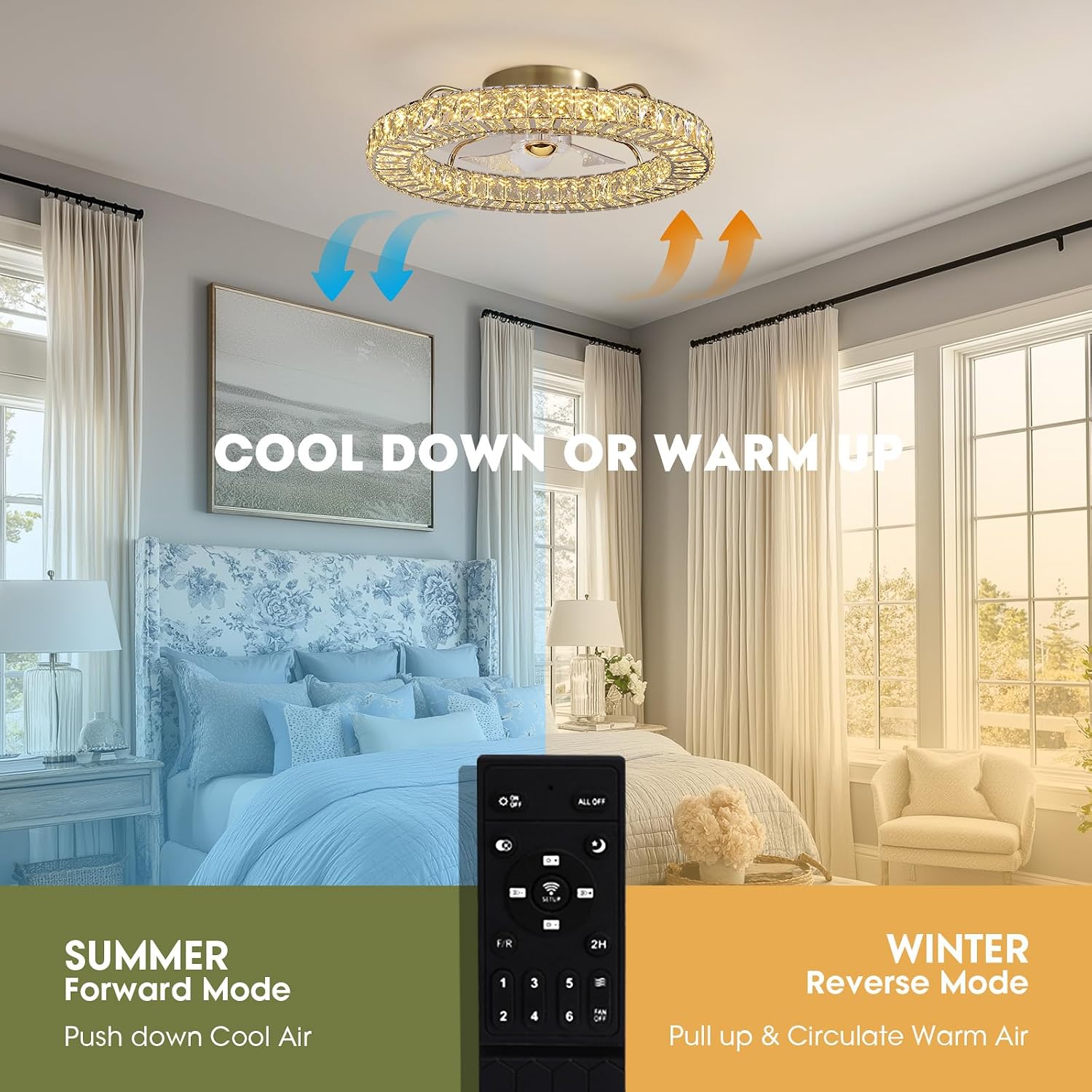 LUDOMIDE Flush Mount Ceiling Fan with Light, 22' Modern Crystal Chandelier Ceiling Fan with Smart 4-Light Color Change, Luxury LED Ceiling Fan, Low Profile Ceiling Fan for Bedroom (Gold)