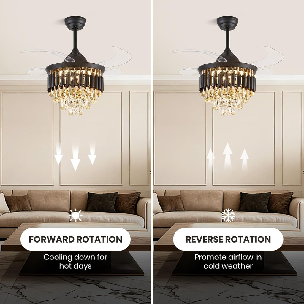 36 Inch Luxury Crystal Ceiling Fan with Light, Dimmable Ceiling Fans with Lights and Remote, Luxury Retractable Chandelier Fan for Living Room Dinning Room Kitchen