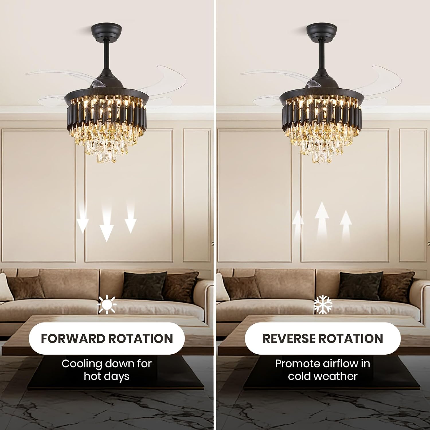 36 Inch Luxury Crystal Ceiling Fan with Light, Dimmable Ceiling Fans with Lights and Remote, Luxury Retractable Chandelier Fan for Living Room Dinning Room Kitchen