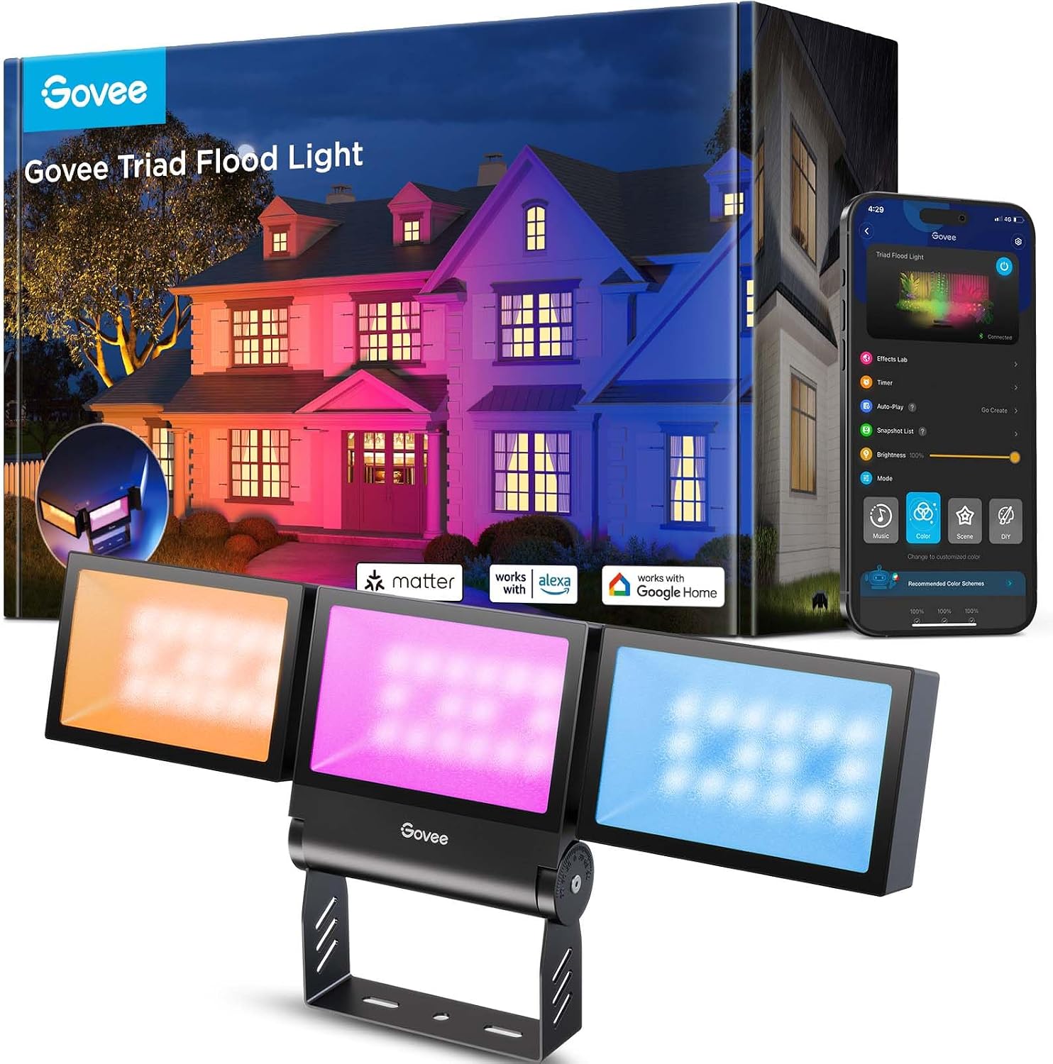 Govee Triad Outdoor Flood Lights, 48W 4500LM RGBIC 3 Head Security Lights, 2700-6500K, IP66 Waterproof, Smart WiFi Outdoor Lights with App Control for Garage, Yard, Porch, Compatible with Alexa