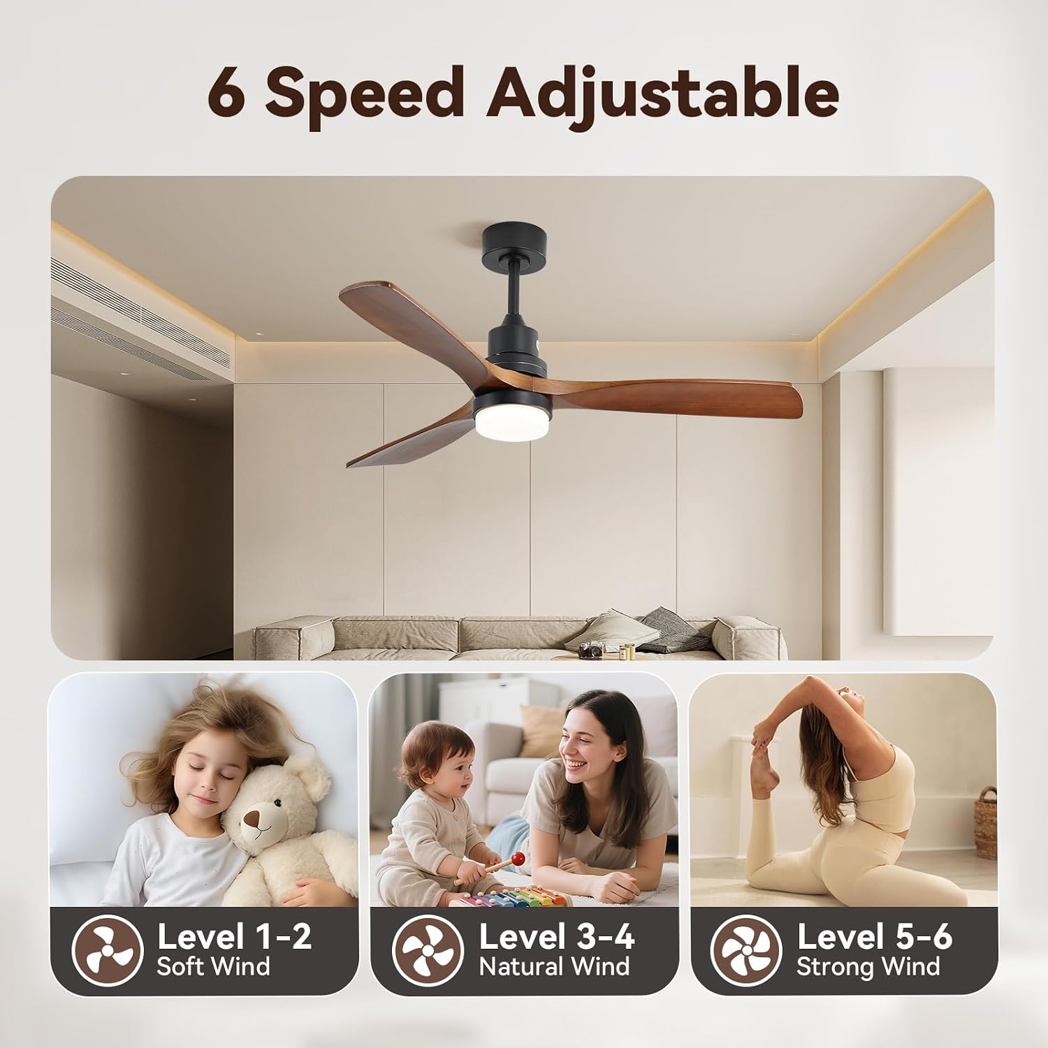 Sofucor Smart Ceiling Fan with Light, 52' Wood Ceiling Fan Compatible with Alexa/Google/App, 3-Color Light 6-Speed DC Motor Reversible Timer for Bedroom Living Room Patio Indoor Outdoor