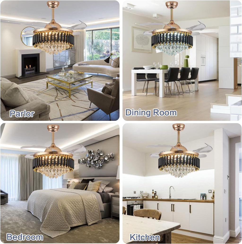 42' Dimmable Gold Fandelier Crystal Ceiling Fans with Lights and Remote Modern Retractable Blade Chandelier Ceiling Fans for Bedroom Dinning Room Living Room