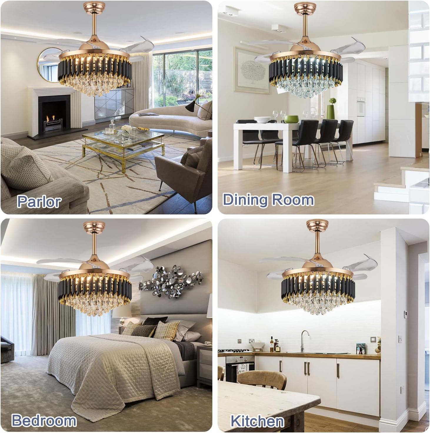 36' Dimmable Gold Fandelier Crystal Ceiling Fans with Lights and Remote Modern Retractable Blade Chandelier Ceiling Fans for Bedroom Dinning Room Living Room