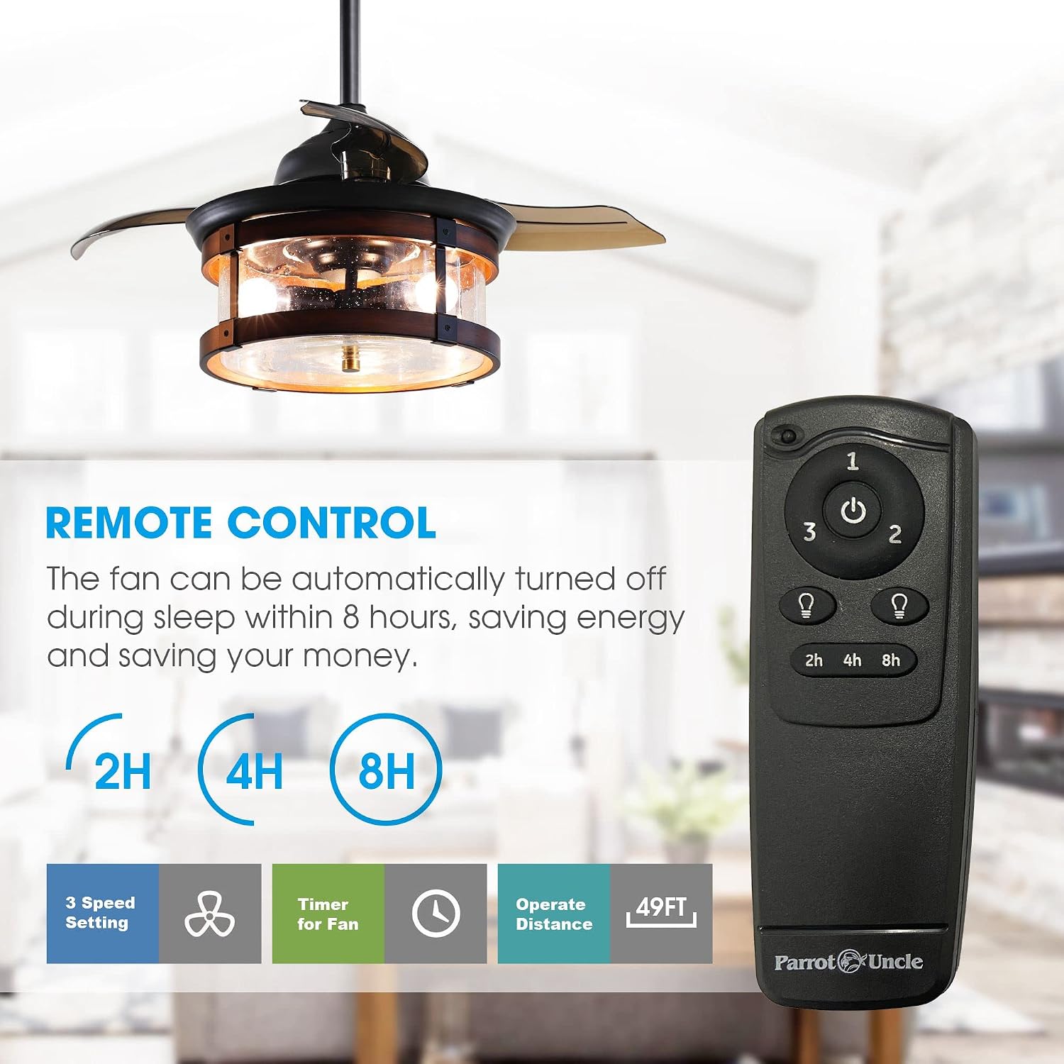 Parrot Uncle Ceiling Fans with Lights and Remote Farmhouse Bedroom Ceiling Fan with Light and Retractable Blades, Black, 36 Inch