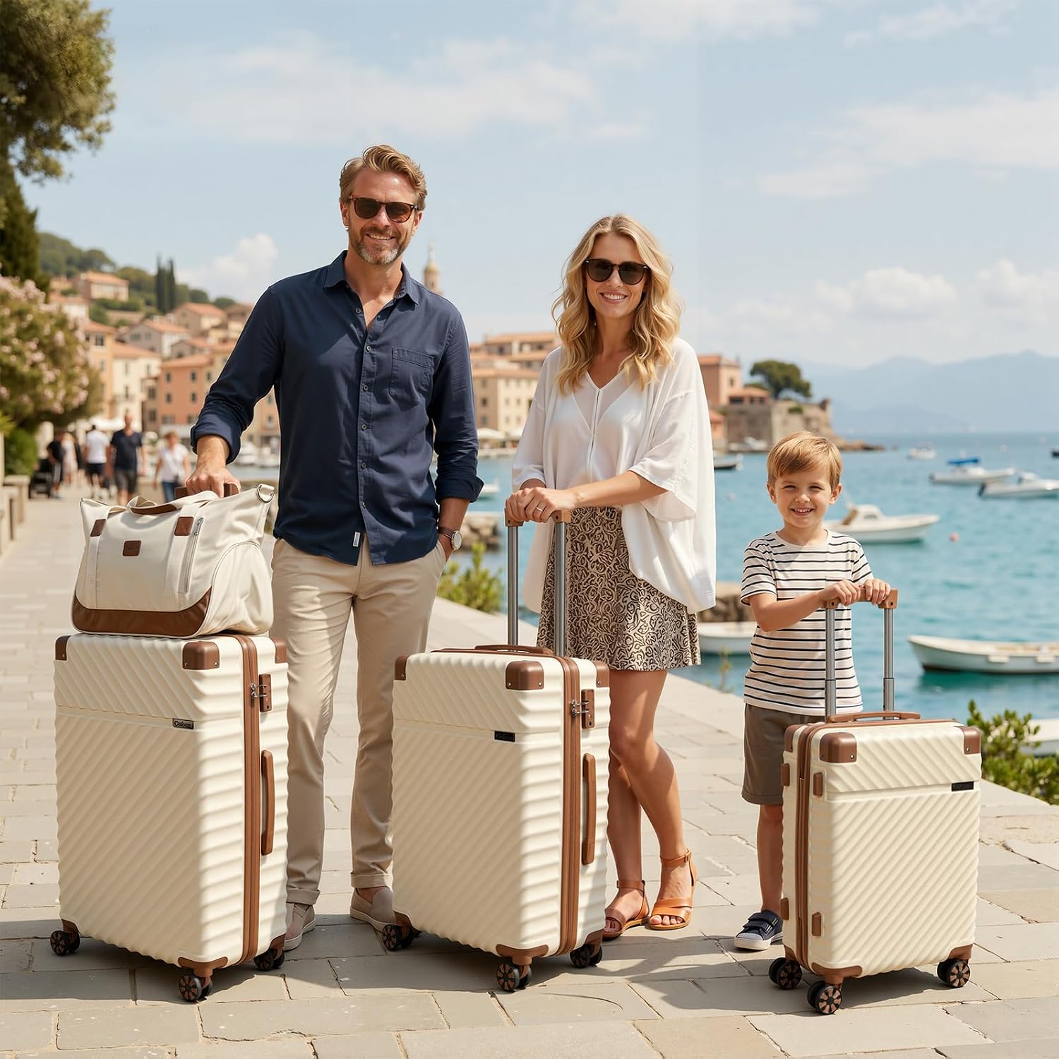 Luggage Sets 5 Piece with TSA Lock Spinner Wheels, Unisex Hard Case ABS Suitcase Set, Hardshell Lightweight Waterproof Travel Hardside Suitcases with Wheels for Women Men,Beige