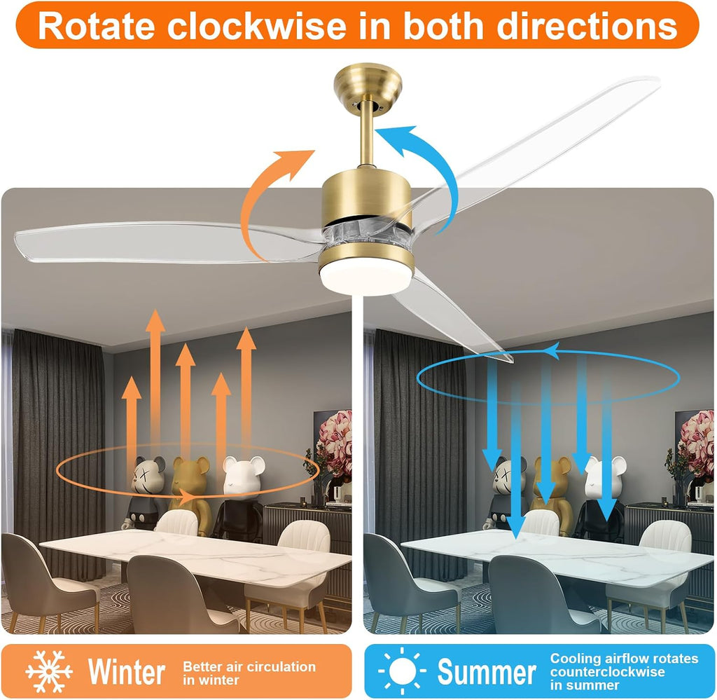 OKELI 52' Smart Ceiling Fan with Light, WiFi Enabled for Alexa & App Control, Reversible Gold Modern Ceiling Fan with Dimmable LED Light and Remote, Clear Blades for Living Room Bedroom