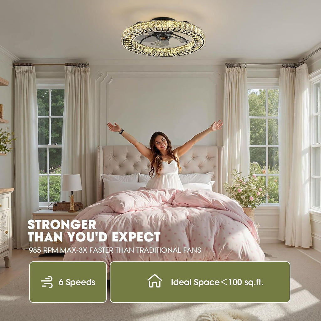 LUDOMIDE Flush Mount Ceiling Fan with Light, 22' Modern Crystal Chandelier Ceiling Fan with Smart 4-Light Color Change, Dimmable LED Ceiling Fan, 6 Wind Speeds, Low Profile Ceiling Fan for Bedroom