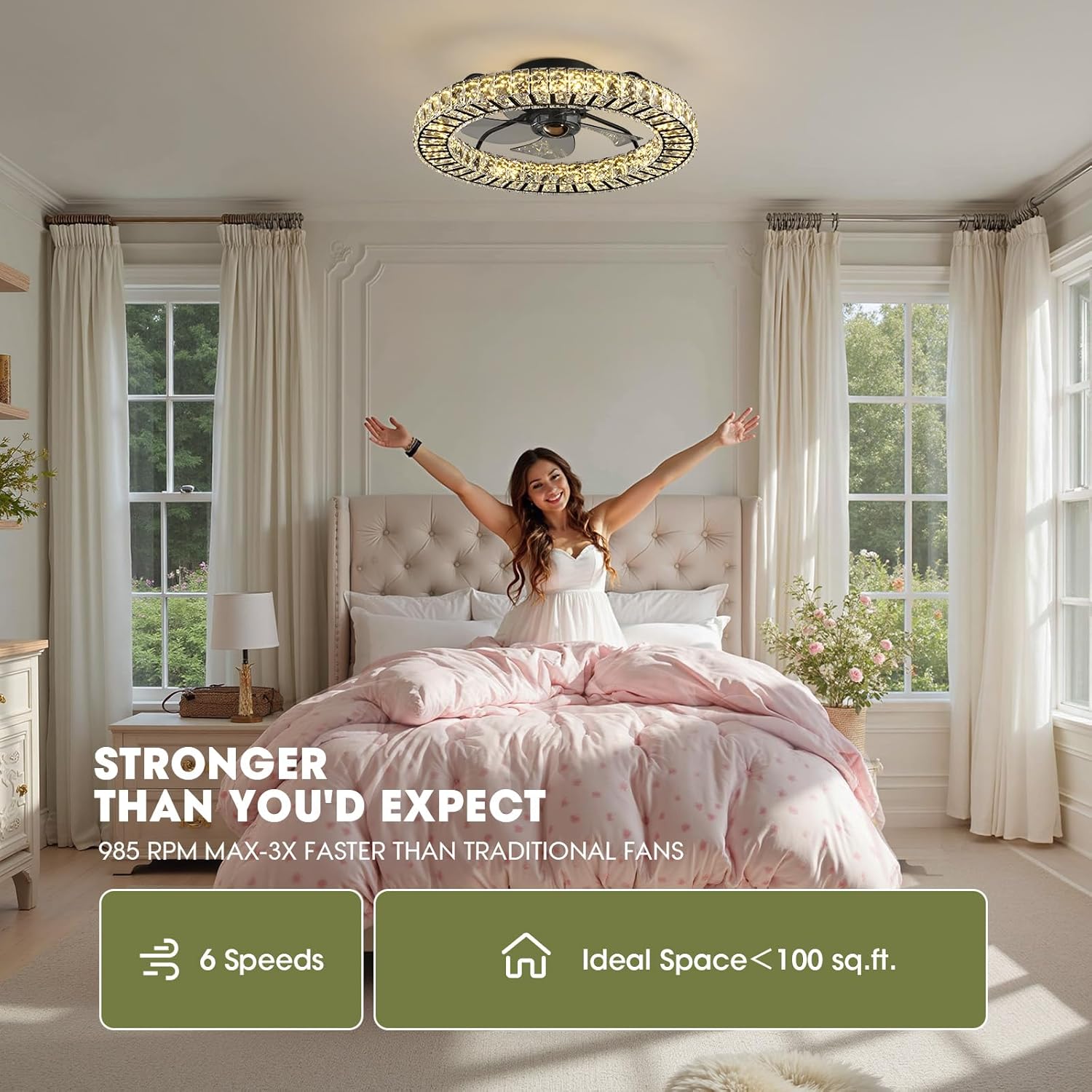 LUDOMIDE Flush Mount Ceiling Fan with Light, 22' Modern Crystal Chandelier Ceiling Fan with Smart 4-Light Color Change, Dimmable LED Ceiling Fan, 6 Wind Speeds, Low Profile Ceiling Fan for Bedroom