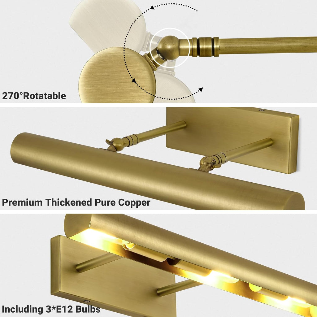 Picture Light, 18inch Brass Picture Lights for Wall,Hardwired Brushed Gold Picture Lights,270° Rotatable Art Lights, 3-Light Picture Frame Light for Painting Display Artwork Portrait