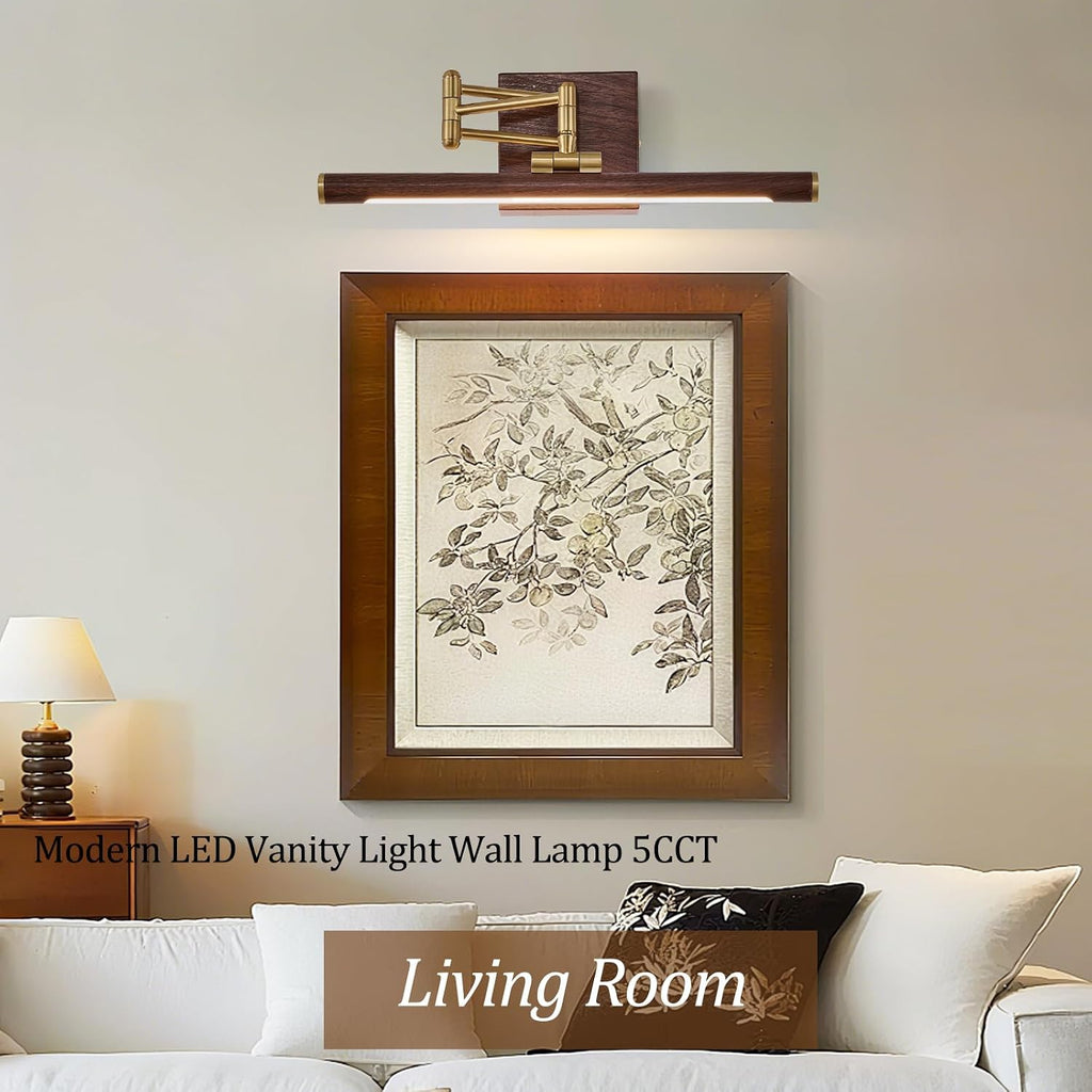 2 Pack Hardwired Dimmable LED Picture Light, Adjustable Swing Arm Wall Art Lamp, Brass Walnut Wood Finish Gallery Lighting for Painting Mirror Artwork Wall Decor