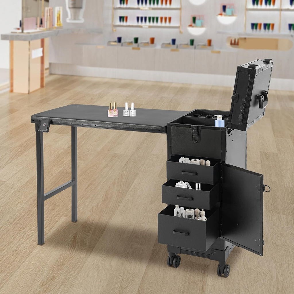 Professional Rolling Makeup Case, Foldable Nail Tables with Detachable Lighted Mirror, Travel Cosmetic Trolley Storage Organizer with Drawers & Bluetooth Speaker, Manicure for Artist (Black)
