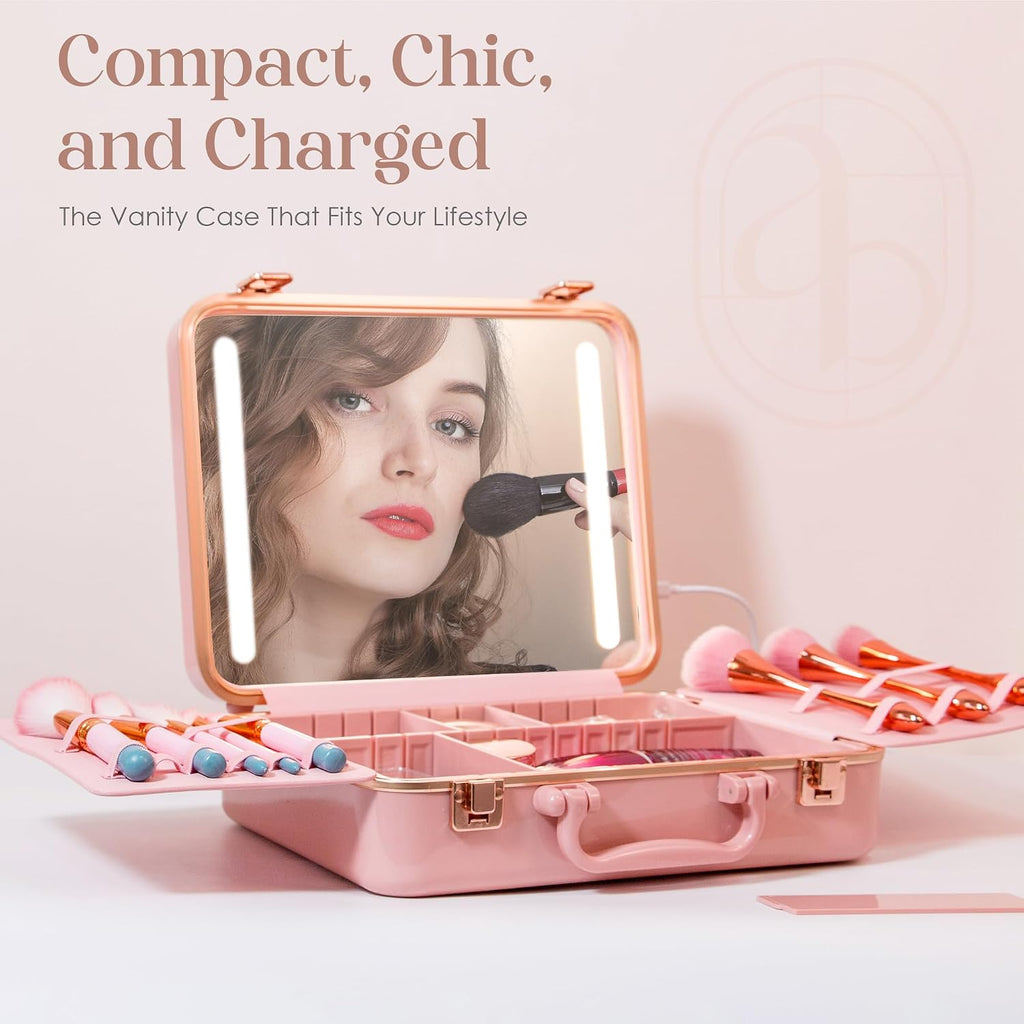 Air Makeup Beauty Box - Make up Bag with LED Lighted Mirror, Professional Mini/Large Cosmetic bag Organizer - Portable Vanity & Makeup Case for Travel (Beauty Box, Blush Pink)
