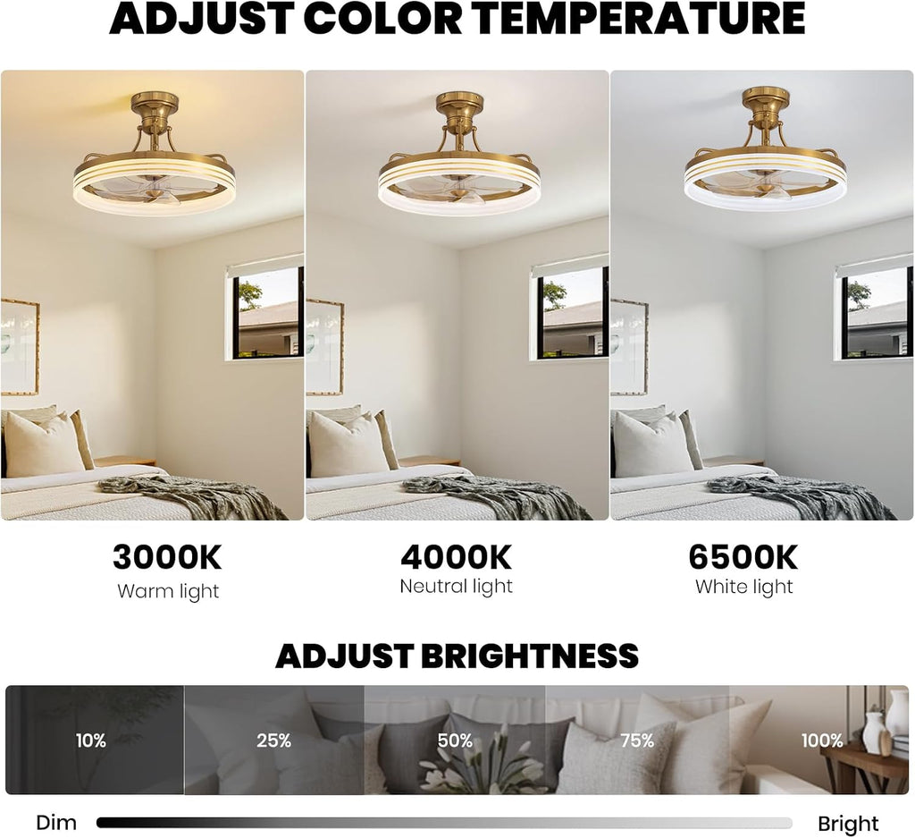 20inch Ceiling Fan with Light Gold Flush Mount Fandelier with Remote Control Modern LED Ceiling Fan 6 Wind Speeds Fandelier for Bedroom Living Room Kitchen