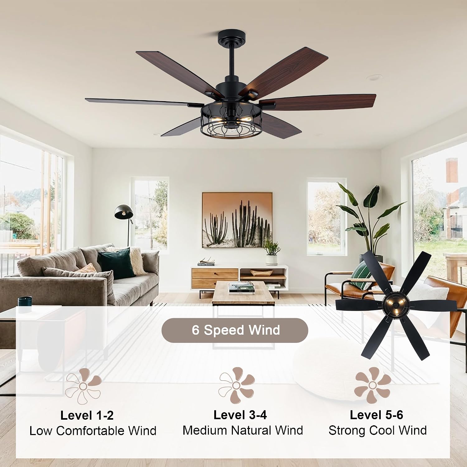 Farmhouse Ceiling Fan with Lights 60 Inch Rustic Ceiling Fan Black Caged Fandelier Large Chandelier Light for Living Room Indoor Outdoor, Reversible DC Motor 6 Speeds, 3 E26 Bulbs
