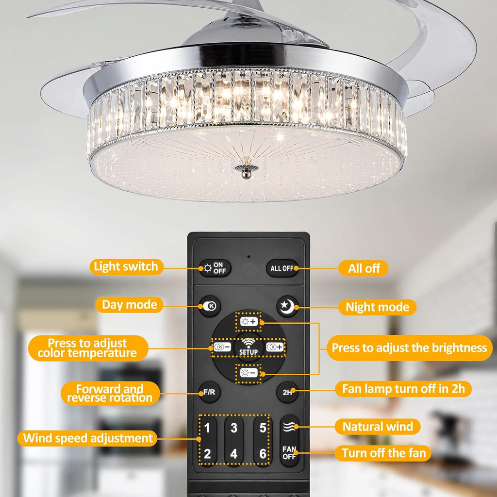 Bavnnro Crystal Ceiling Fans with Lights,42 Inch LED 3 Color Remote Control Retractable Invisible Blades 3 Speeds Indoor Ceiling Light Kits with Fans for Decorate Living Room Bedroom