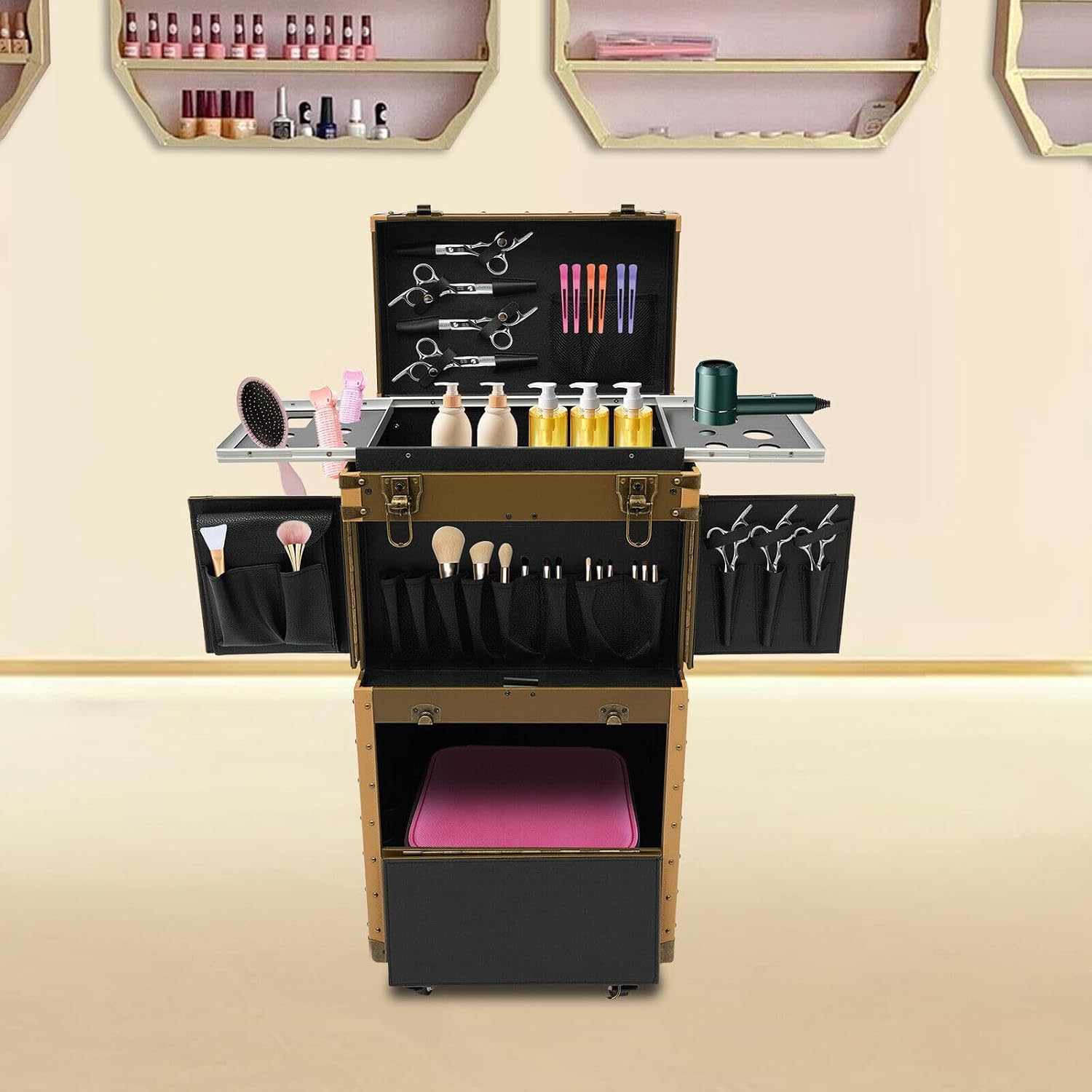 Rolling Makeup Case, Cosmetic Organizer Trolley Train Case with Keys, Large Storage Swivel Wheels Salon Barber Traveling Trunk for Make Up Hairstylists Nail Tech (Gold with 2Keys)