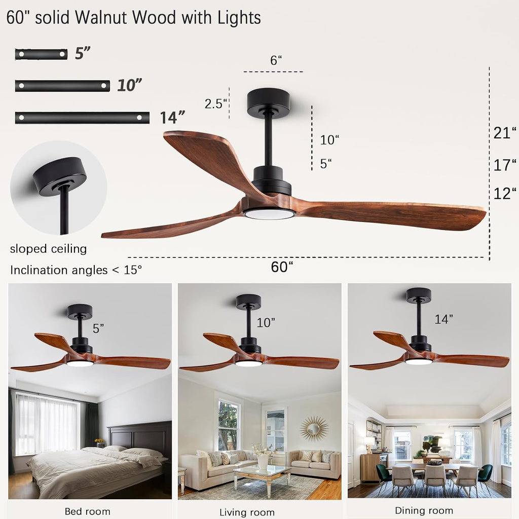 60' Ceiling Fans with Lights with Remote Control, Indoor Outdoor Wooden Ceiling Fan with 3 Wooden Blades for Patio, Living Room, Office, Farmhouse, etc. (Black + Walnut)…