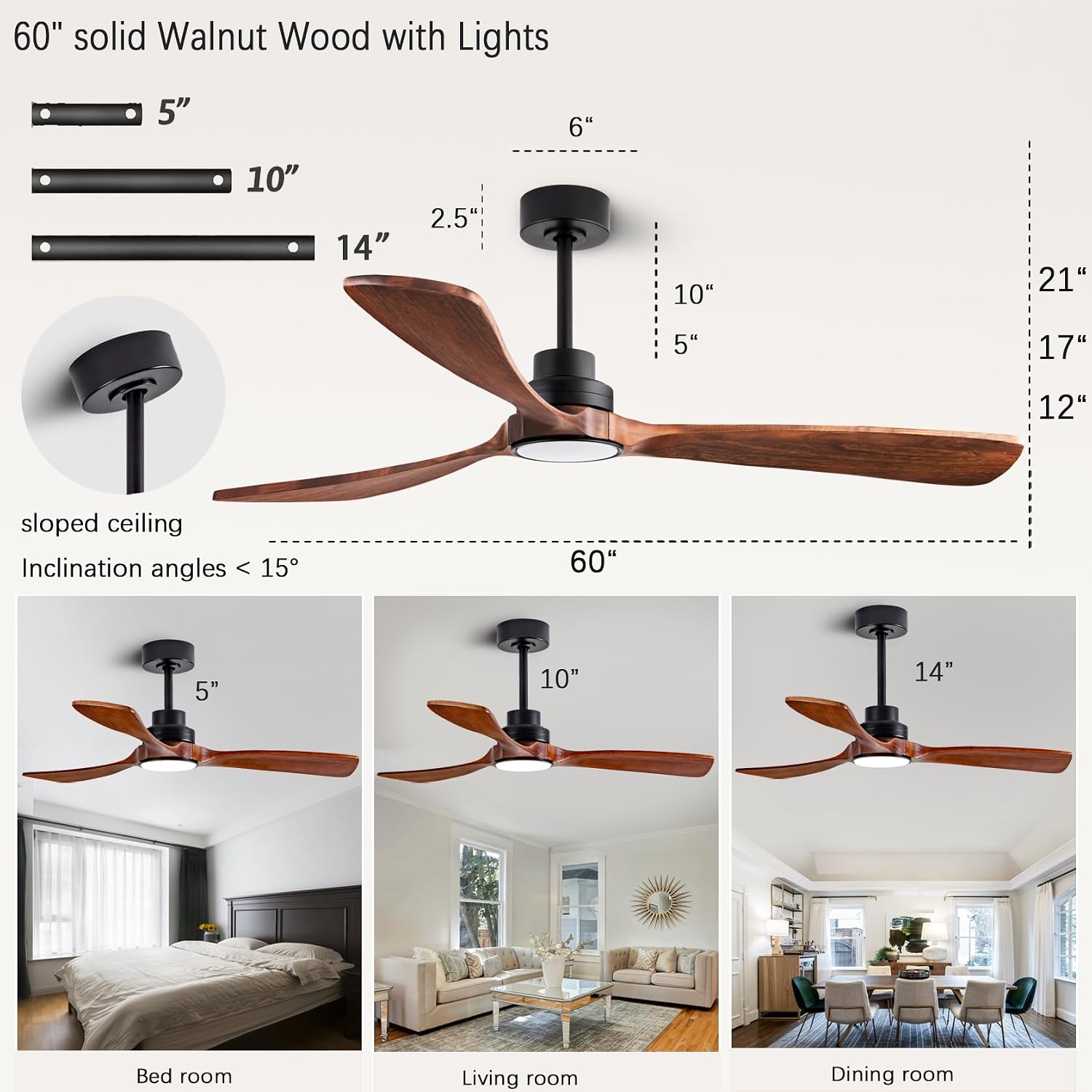60' Ceiling Fans with Lights with Remote Control, Indoor Outdoor Wooden Ceiling Fan with 3 Wooden Blades for Patio, Living Room, Office, Farmhouse, etc. (Black + Walnut)…