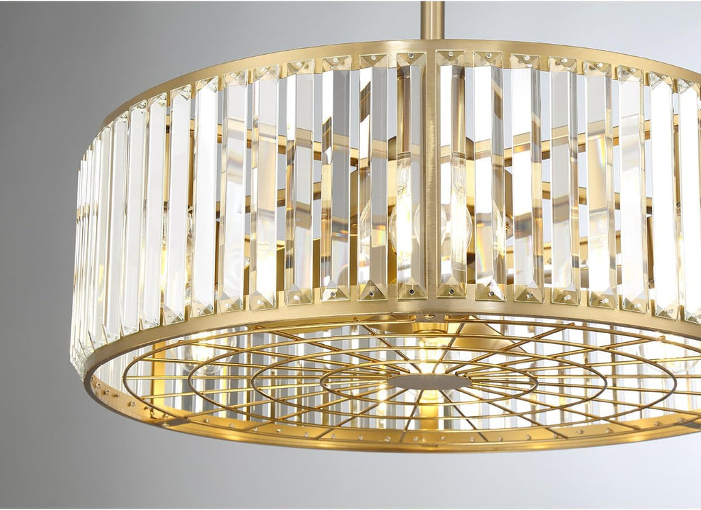 Savoy House 23-FD-245-322 Janus Fandelier Luxe Crystal Drum Chandelier Ceiling Fan with Light and Remote, 6-Light 48 Total Watts, 10' H x 23' W, Warm Brass