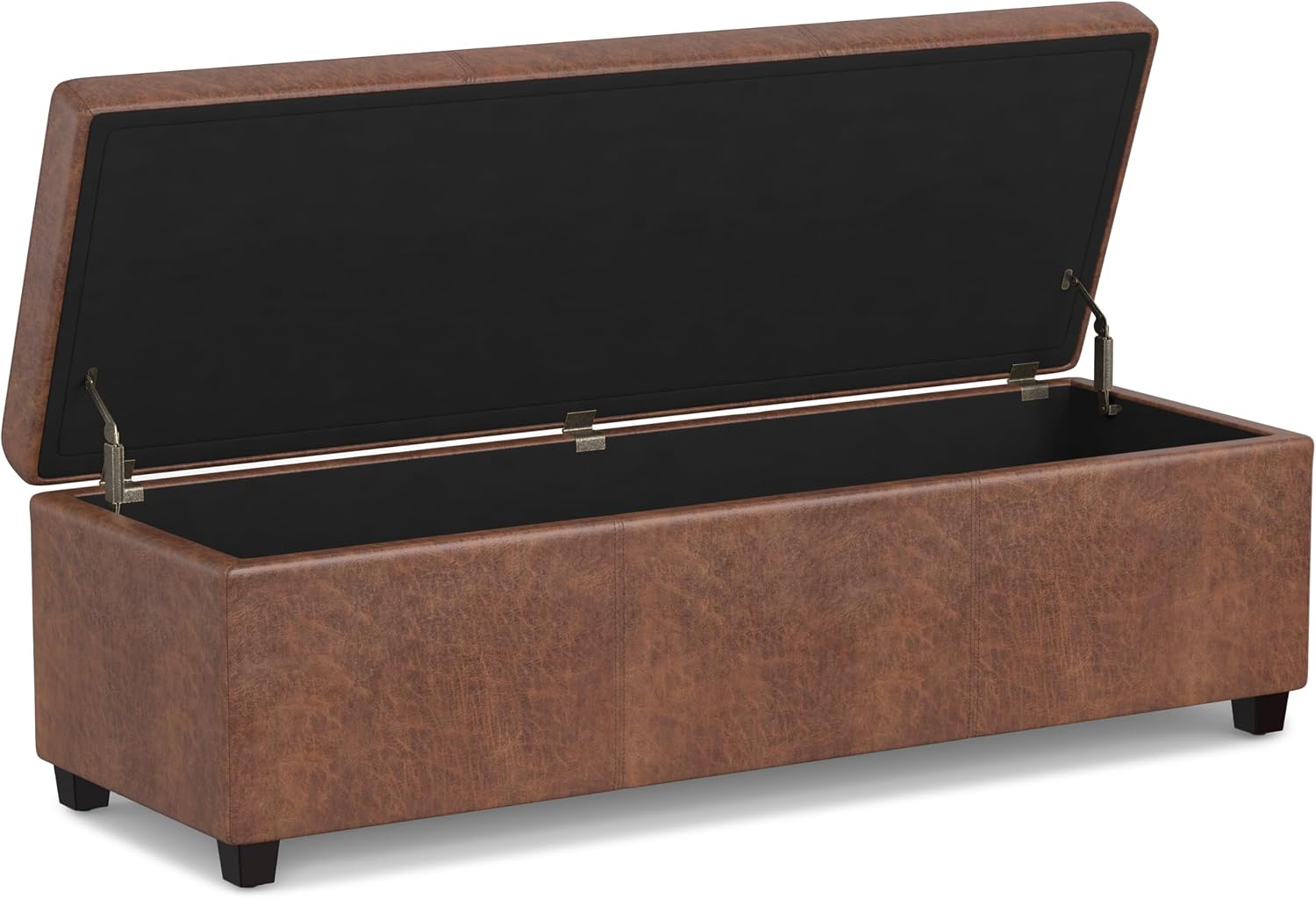 SIMPLIHOME Avalon Extra Large Storage Ottoman Bench - 54 inch Wide Upholstered Vegan Leather Rectangular Lift-Top Ottoman in Distressed Saddle Brown, Contemporary Bench for Living Room with Storage