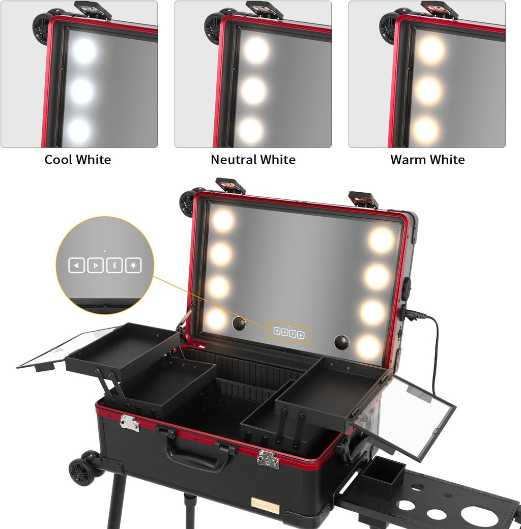 20' Aluminum Ligthed Makeup Train Case with LED Lights Professional Cosmetic Organizer Studio with Speaker, Wheels and Stands Rolling Trolley Makeup Vanity Station for Travel (Black)