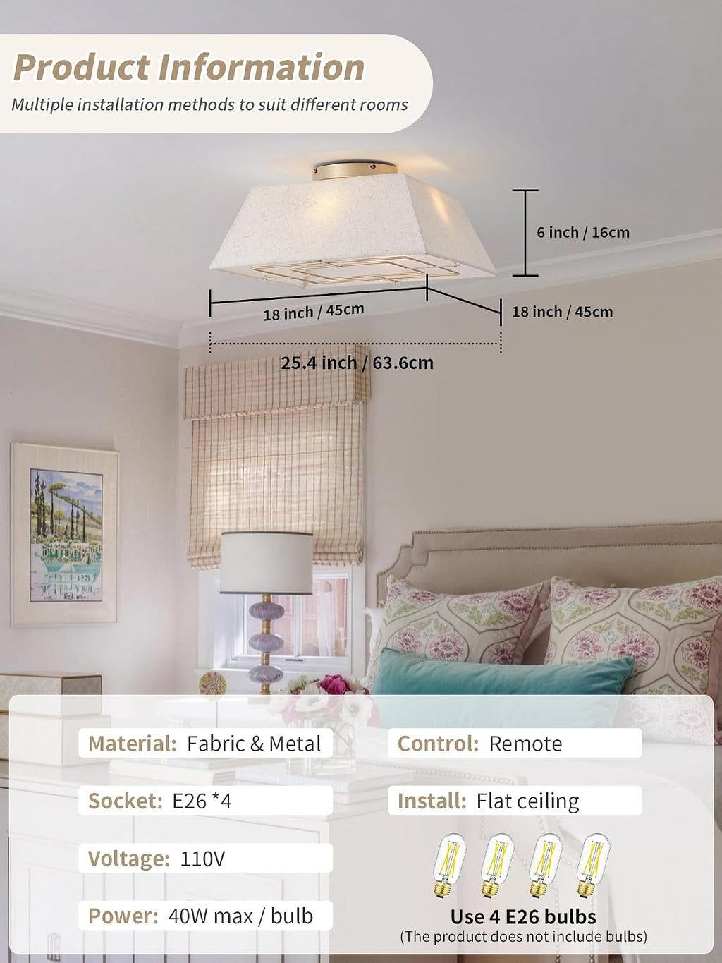 20' Boho Ceiling Fans with Lights Flush Mount, Bladeless Ceiling Fan with Light Remote Control, Square with 6 Speeds for Bedroom, Living Room, Nursery (Beige)