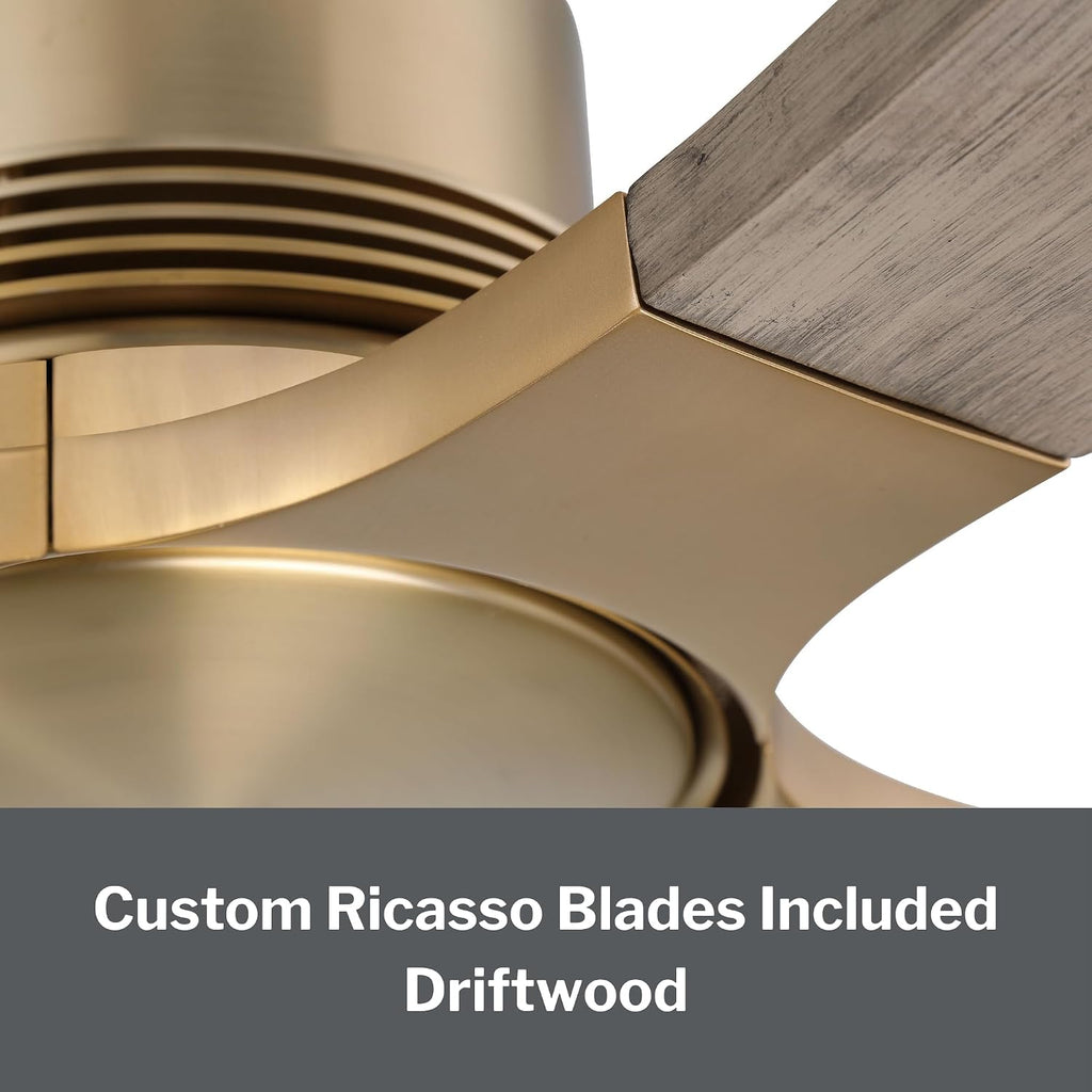 Craftmade RIC60SB4 | 60″ Satin Brass Ceiling Fan with Integrated LED Light (1005 Lumens, 3000K) | 4 or 2 - Blade Driftwood Finish | 6-Speed Reversible DC Motor | Dual-Mount Ceiling Fan | Indoor Use