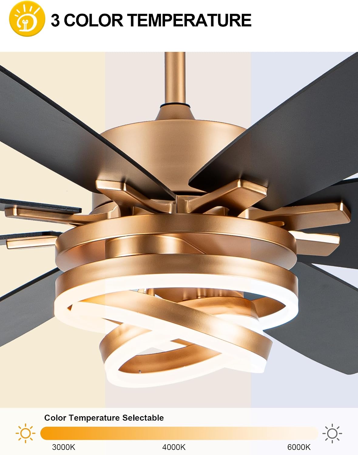 Dawn Whisper Gold Ceiling Fans with Lights and Remote 72 Inch Large Modern Chandelier Fan Living Room Ceiling Fan 6 Speed Reversible DC Motor Dual Finish Enegery Efficient