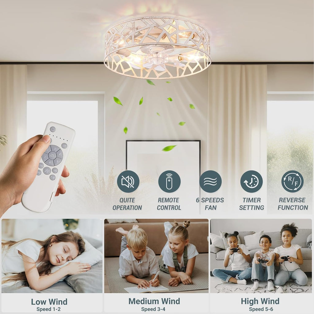 20 Inch Caged Ceiling Fans with Lights and Remote,Farmhouse Flush Mount Fandelier Ceiling Fan Vintage White, Low Profile Bladeless Ceiling Fans for Bedroom,Kitchen,Living Room