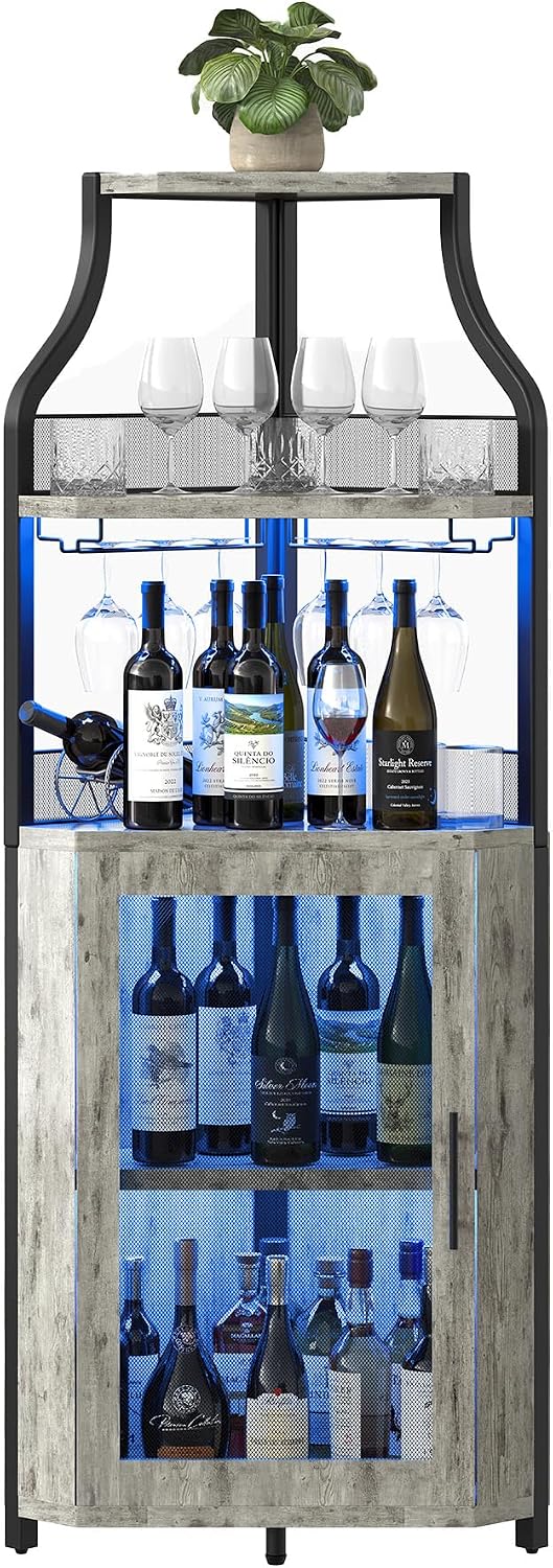 GarveeHome Corner Bar Wine Cabinet with LED Lights, 5-Tier Industrial Wine Cabinet with Glass Holder, Modern Liquor Cabinet with Adjustable Shelf, Home Bar Cabinet with Mesh Door, Grey