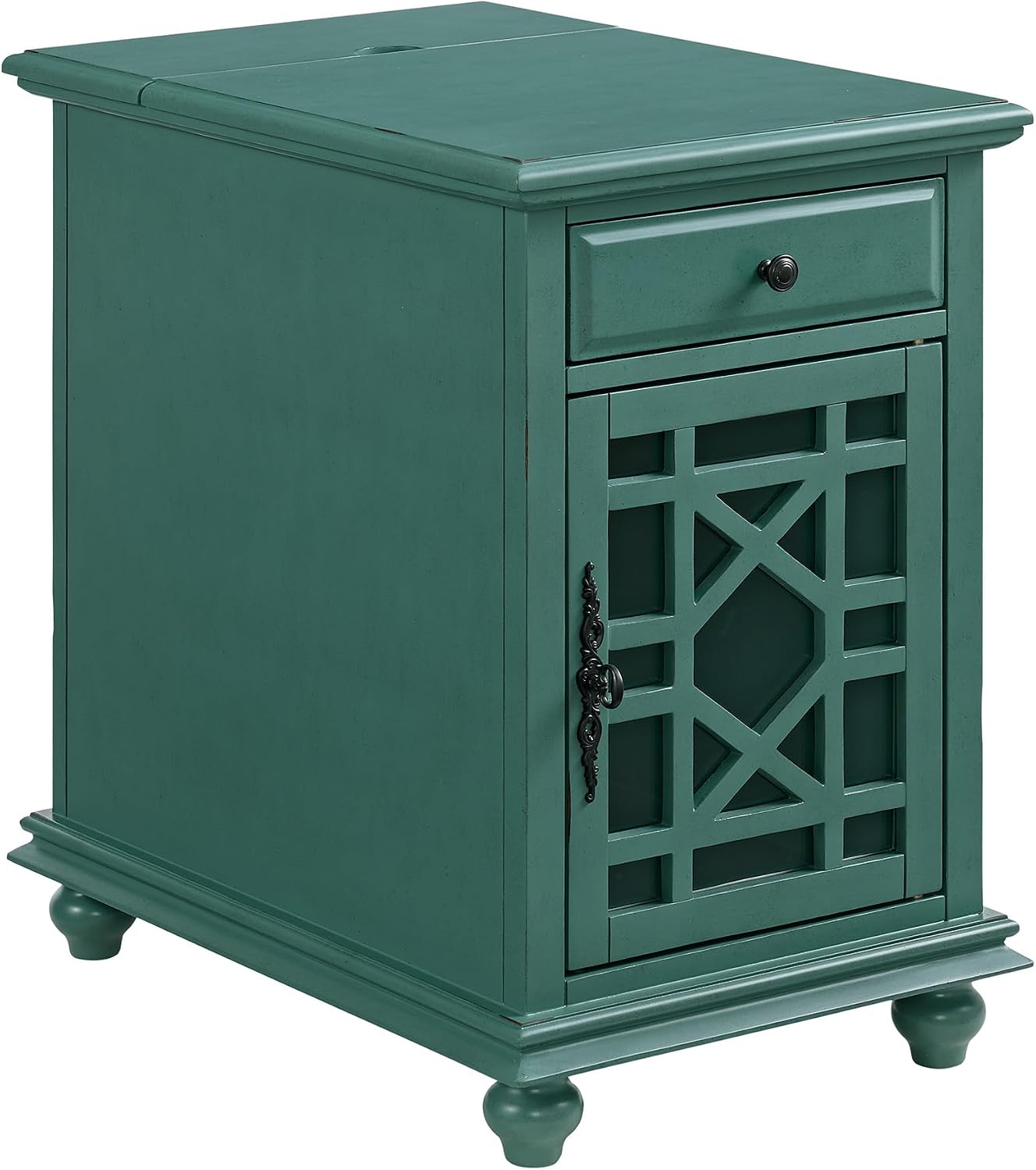 Martin Svensson Home Elegant Chairside End Table with Power — 24″W x 16″D x 25″H, Antique Teal-Green — Transitional Painted Accent Table with Flip-Top USB Charging, Drawer & Cabinet Storage