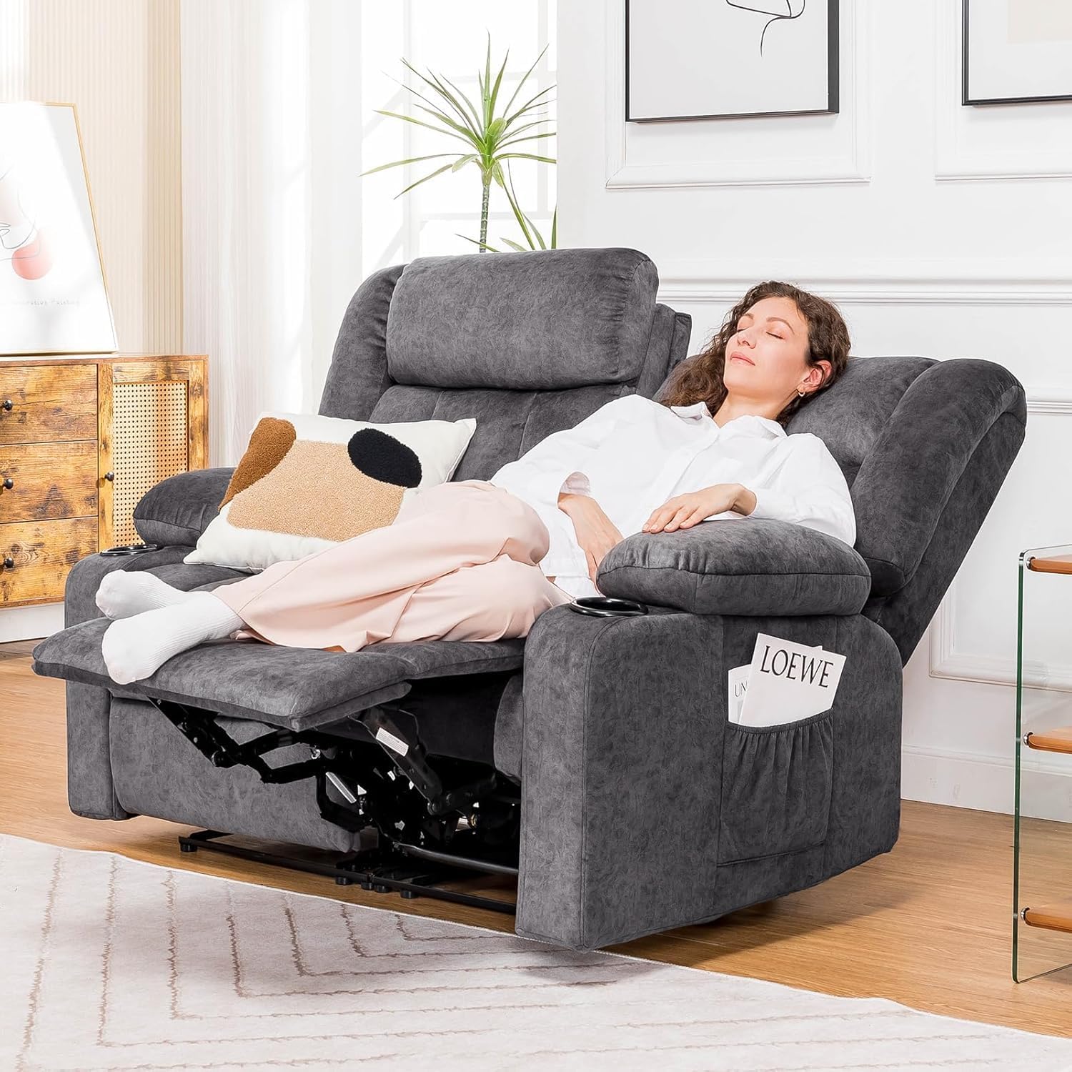 COMHOMA Living Room Furniture Sets Manual Recliner Loveseat,2 Seat Fabric Reclining Sofa,Ergonomic Backrest with Cup Holders&Side Pockets,Daul Recliners for Living Room,Meeting Room,Dark Gray(2)