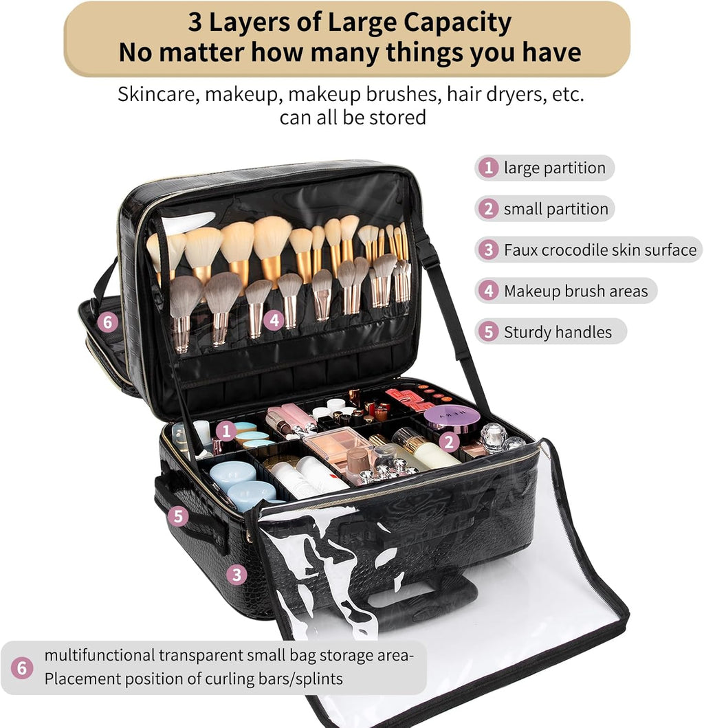 OCHEAL Rolling Makeup Train Case, 18' Carry On Travel Cosmetic Organizer Suitcase,Extra Large Trolley Makeup Storage Case On Wheels,3 Layers with 3pcs Traveling Bags for Hairstylist Cosmetology Artist