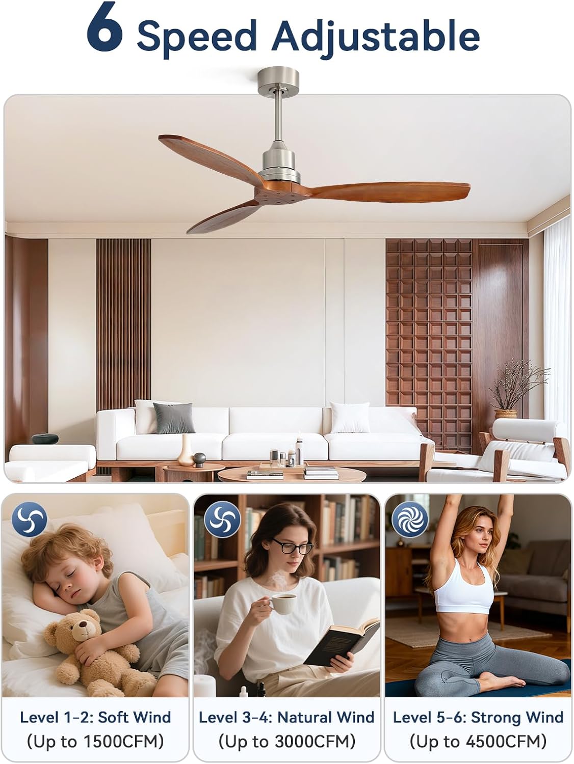 Sofucor Ceiling Fan no Lights, 52 Inch Modern Wood Ceiling Fan with Remote, for Indoor Bedroom Living Room Outdoor Patio Porch, Reversible DC Motor, Brown
