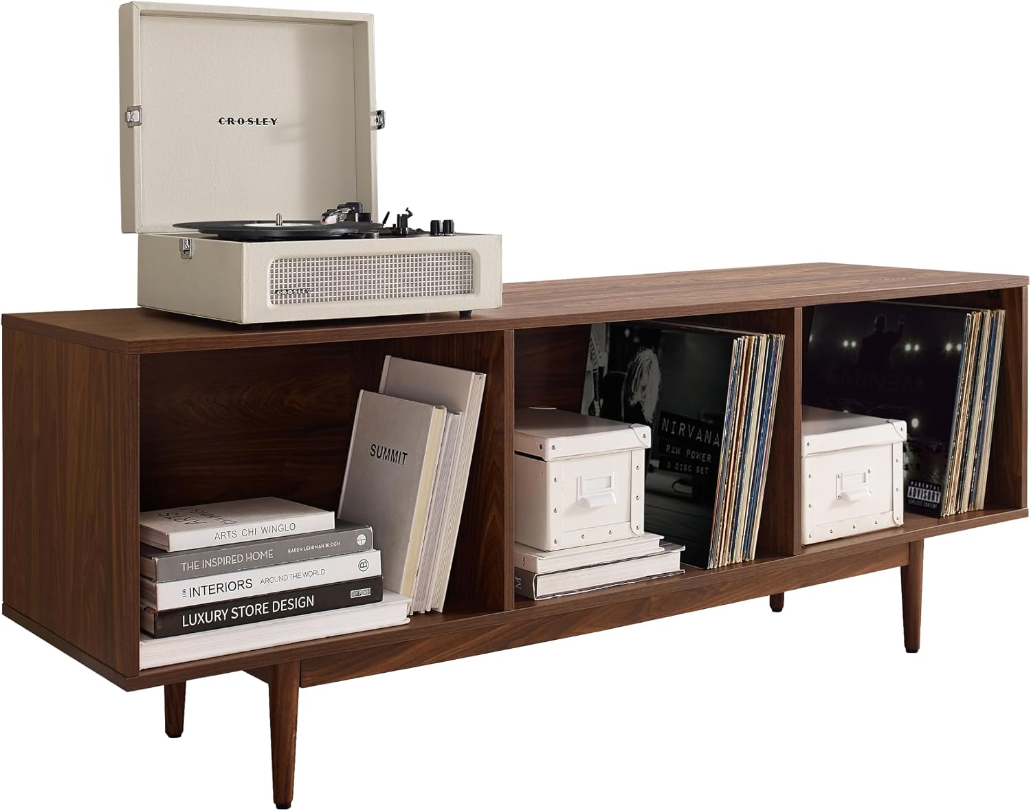 Crosley Furniture Liam Large Vinyl Record Storage TV Stand and Entertainment Center, Media Console, Walnut