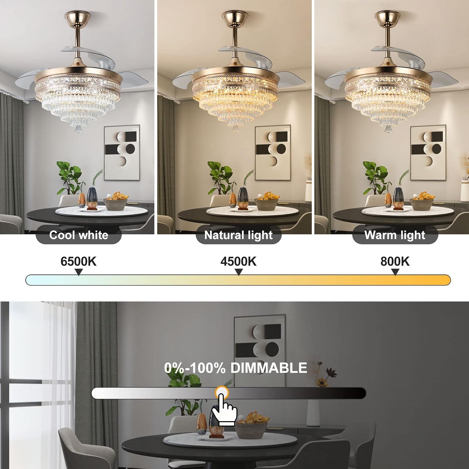 42' Gold Dimmable LED Fandelier with Light Modern LED Crystal Ceiling Fan with Light Invisible Fandeliers 3 in 1 Color with Memory Function