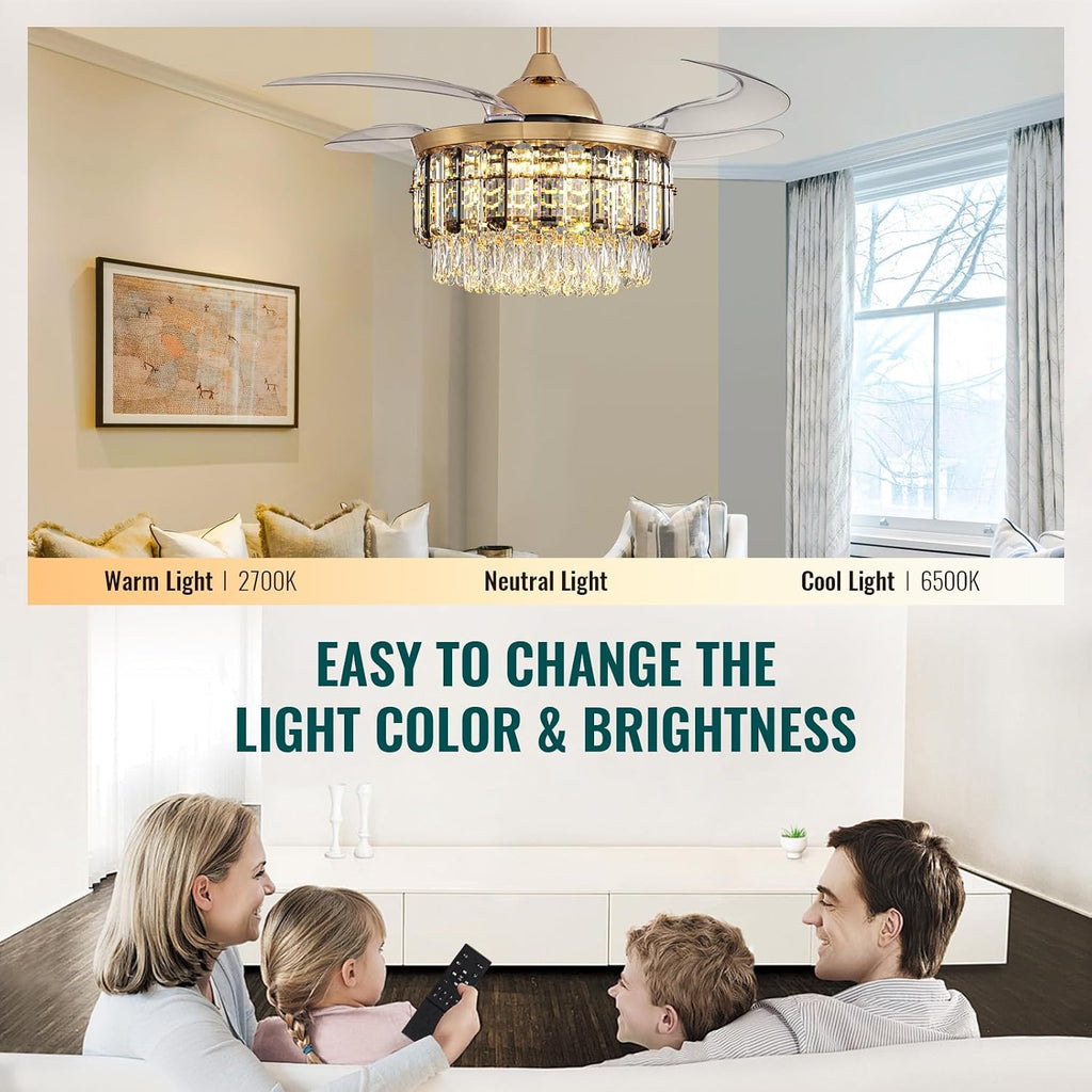 Siljoy 48 Inch Crystal Ceiling Fan with Light, Retractable Ceiling Fan with Lights Chandelier Fan, 6 Speeds, Dimmable Rose Gold Crystal Fandelier for Bedroom, Living Room, Dining Room