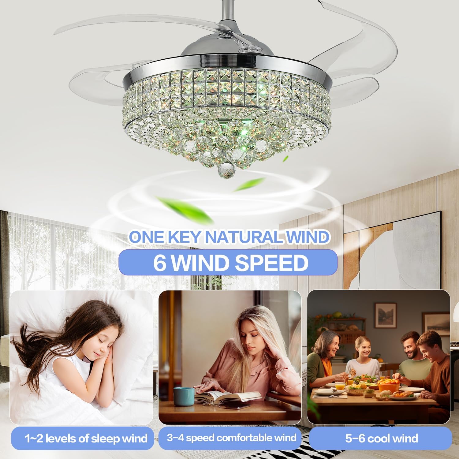 36' Bluetooth Ceiling Fan with Light and Speaker,RGB Retractable Blades Crystal Fandelier Music Player LED Chandelier 6-Speed APP Control Timer Remote Control for Bedroom Silver