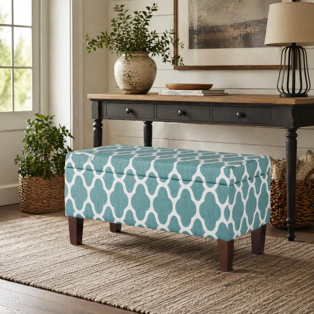 HomePop 36' Storage Ottoman Bench with Hinged Lid - Teal Geometric