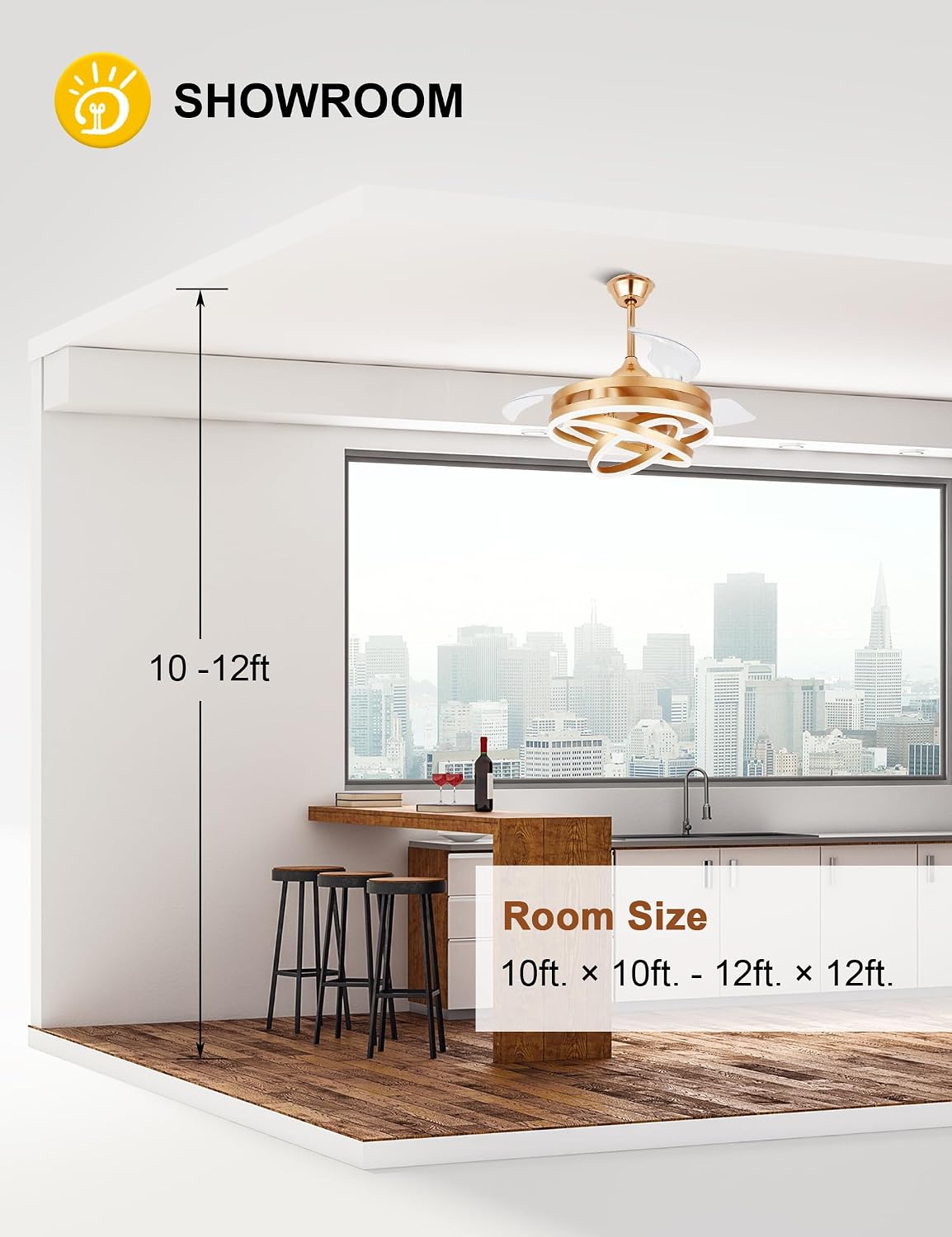 Dawn Whisper 42 Inch Retractable Ceiling Fans Modern Gold Chandelier Ceiling Fans with Lights for Bedroom Living Room Quite DC Motor 6 Speeds 3 Color Dimmable LED Light