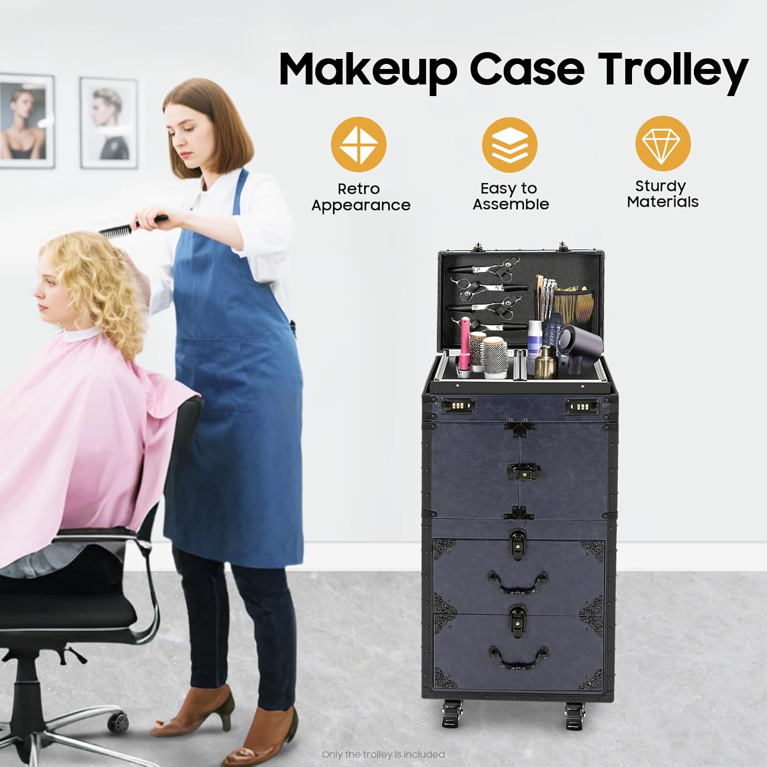 Retro Pull-Handle Makeup Case Trolley, Hairdressing Tool Case with Combination Locks and Key Locks, Rolling Makeup Cart with Wheels Cosmetology Train Case Suitcase (Blue)