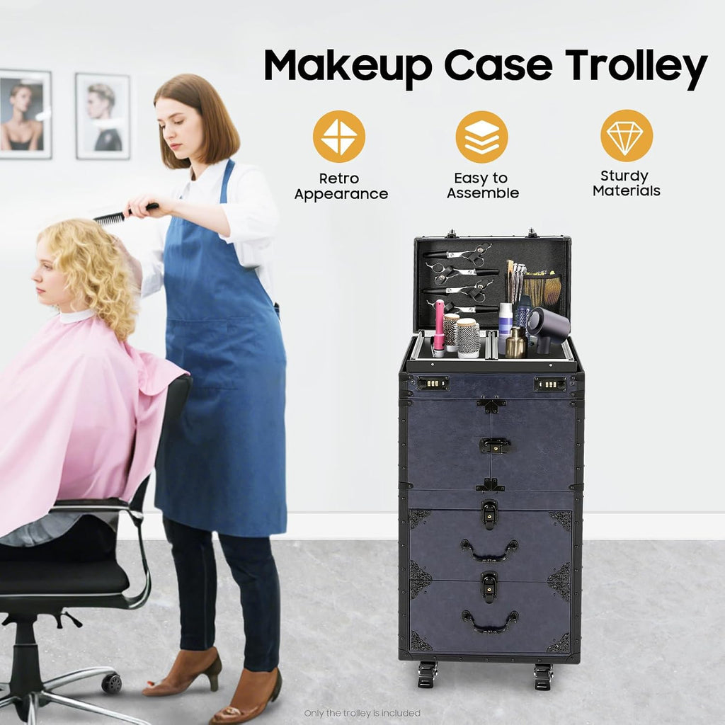 Rolling Makeup Case, Cosmetic Train Cases Professional Hair Stylist Travel Case Nail Salon Cart Trolley Carts With 4 Wheels Rolling Cosmetology Case For Barber Shop Beauty Salon Nail Salon (Blue)
