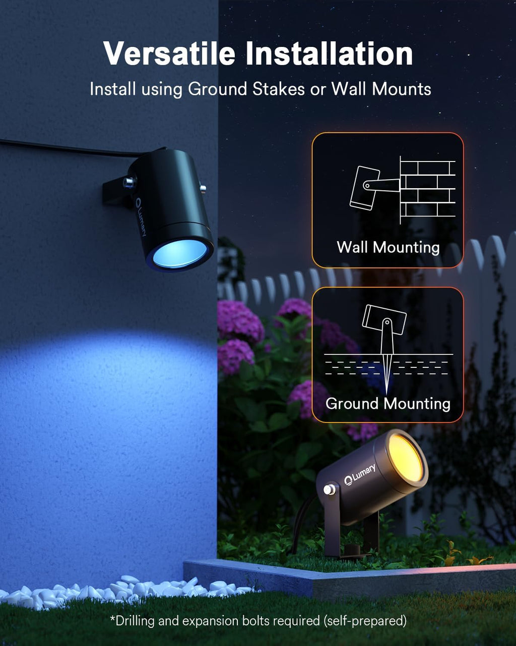 Lumary Smart Landscape Lights Pro 500LM, 6 Pack Color Changing Landscape Spotlights IP65 Waterproof, RGBAICW Low Voltage Outdoor Lights for Garden Yard and Pathway, APP/Remote/Voice Control, 65FT