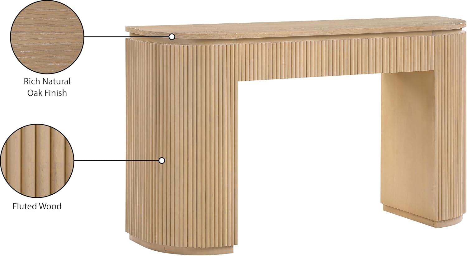 Meridian Furniture 818Oak-T Astrid Collection Modern | Contemporary Vanity/Desk/Console Table with Rich Natural Oak Finish, Solid Wood and Oak Veneer, Fluted Design, 52' W x 14' D x 30' H, Natural