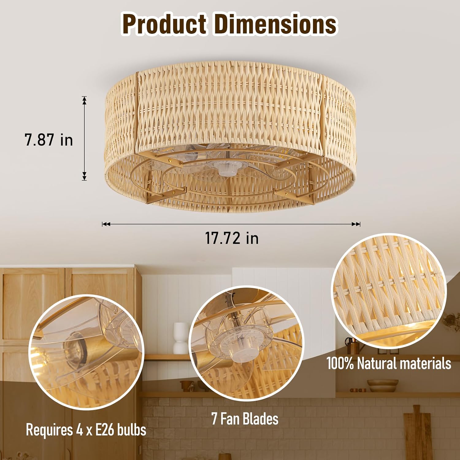 Caged Ceiling Fans with Light,Rattan Flush Mount Ceiling Fan with Light and Remote Control, Boho Fandelier Ceiling Fan 6 Speeds for Bedroom, Living Room, Kitchen, Nursery, Porch